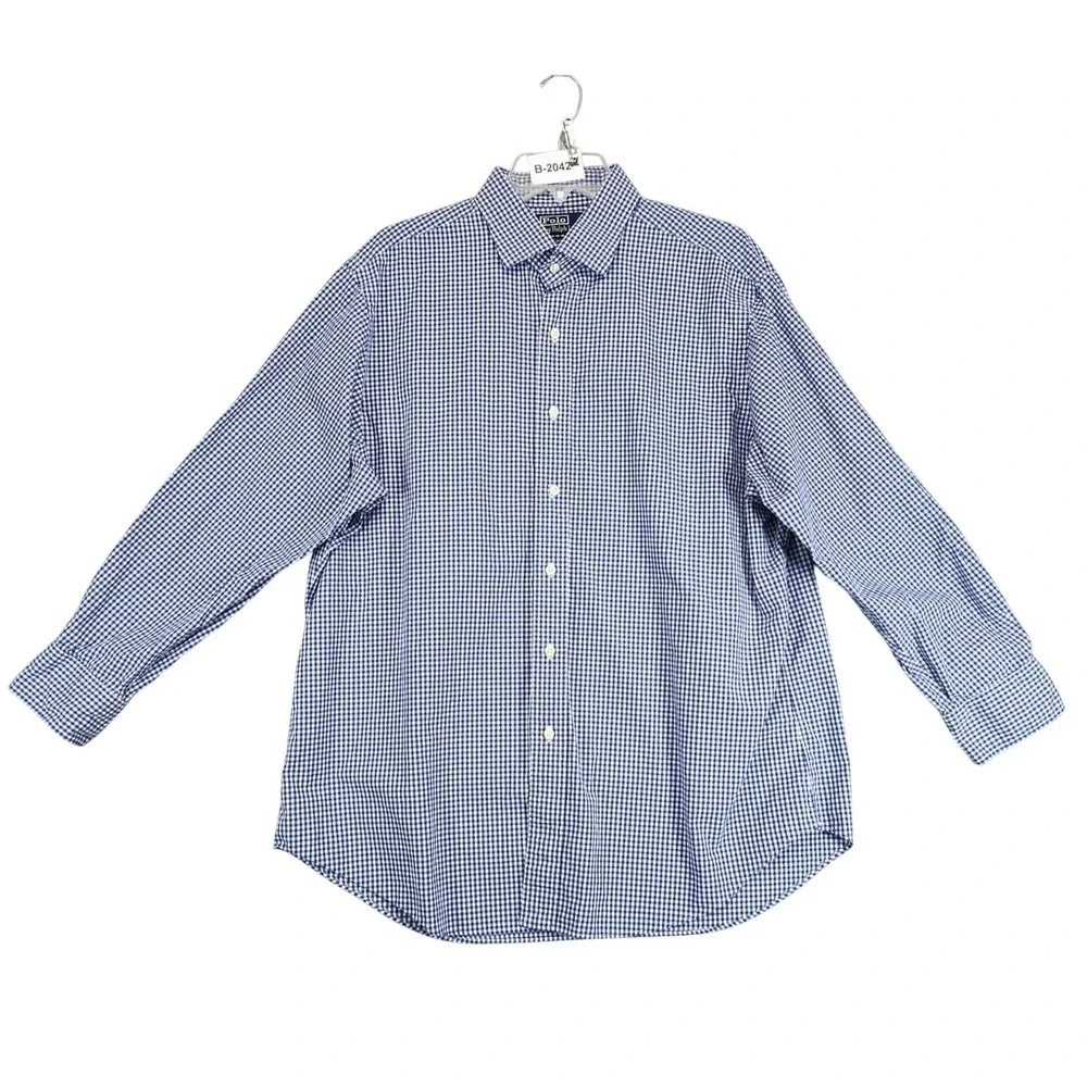 Vintage 90s Polo Ralph Lauren Regent Classic Fit Men 17 Blue Gingham Dress Shirt